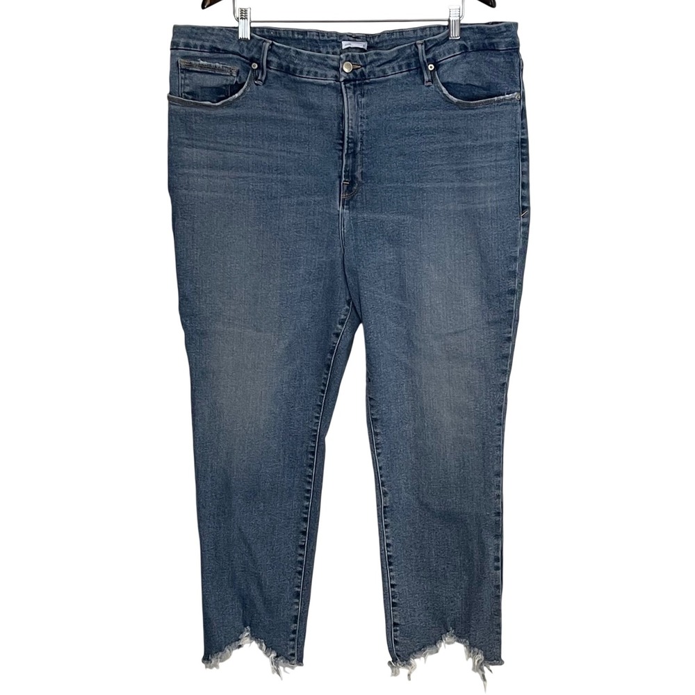 Good American The Good Classic Straight Leg Jeans Distressed Raw Hem Size‎ 22